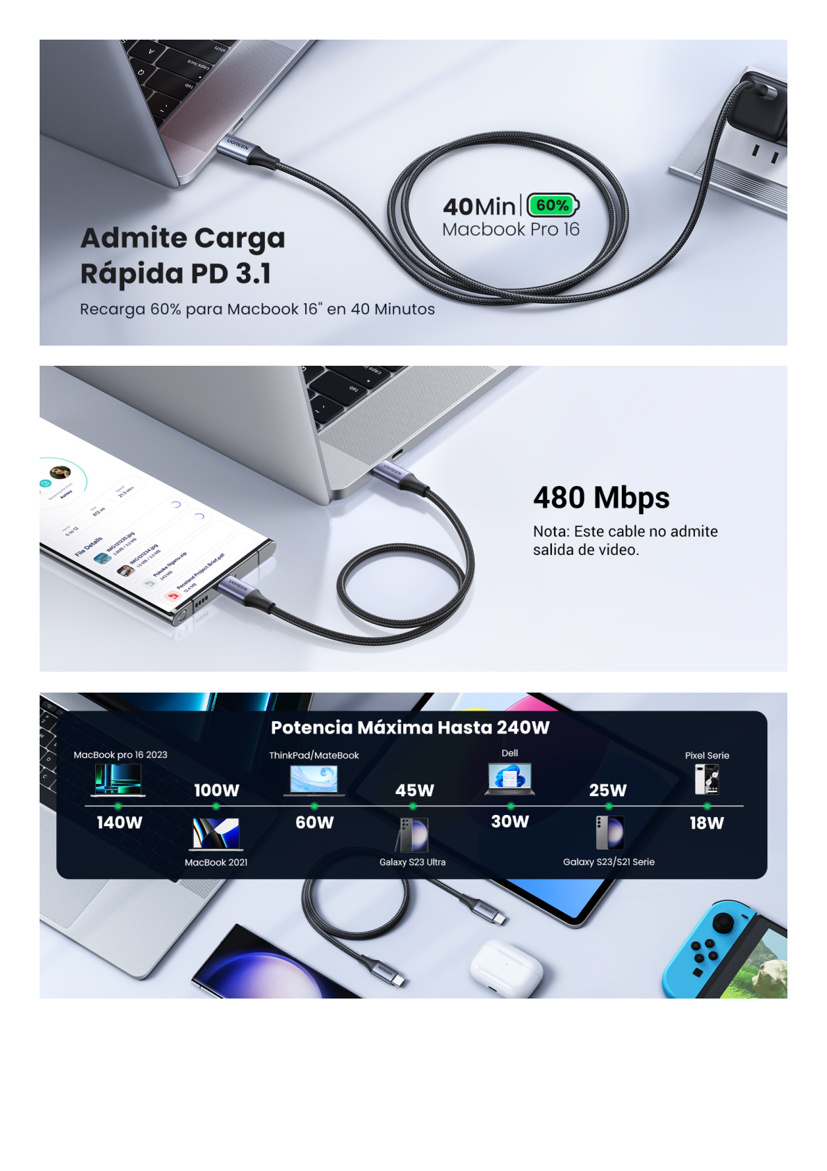 Cable USB-C a USB-C | 2 Metros | Potencia de Carga 240W | 48V/5A | PD3.1 /3.0 | 480 Mbps | Chip E-Market | Carcasa de Aluminio | Nylon Trenzado.