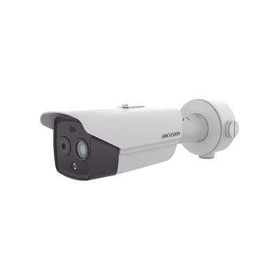 Bala IP Dual / Térmica 6.9 mm (256 x 192) / Óptico 6.4 mm (4 Megapixel) / 30 mts IR / Exterior IP67 / PoE / Termométrica / Detección de Temperatura / Sirena y Luz Intermitente Integrada / microSD