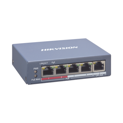 Switch Monitoreable PoE+ / 4 puertos 100 Mbps PoE+ / 1 Puerto 100 Mbps Uplink / PoE hasta 250 Metros / 60 Watts / Conexión Remota desde Hik-PartnerPro