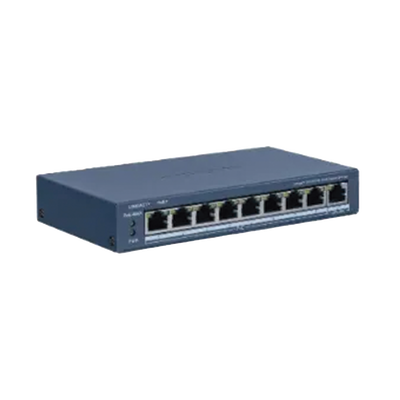 Switch PoE+ / Monitoreable / 8 Puertos 100 Mbps PoE+ / 1 Puerto 1000 Mbps Uplink / PoE hasta 300 metros / Conexión Remota desde Hik-PartnerPro / 60 W