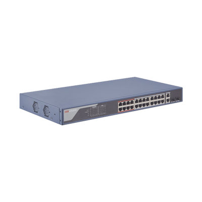 Smart Switch PoE+ Administrable / 24 puertos 10/100 Mbps PoE+ (hasta 300 m) + 2 puertos 10/100/1000Mbps + 2 Puertos SFP Uplink / 370 W / Hik-PartnerPro y Hik-Central