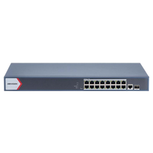 Switch Gigabit PoE+ / Administrable / 16 Puertos 1000 Mbps PoE+ / 1 Puerto 1000 Mbps de Uplink / 1 Puerto SFP /  Configuración Remota desde Hik-PartnerPro / Modo Extendido hasta 300 Metros / 130 Watts