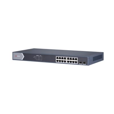 Switch Gigabit PoE+ / Administrable / 16 Puertos 1000 Mbps PoE+ / 2 Puertos SFP / Configuración Remota desde Hik-ParnerPro / PoE hasta 300 Metros / 225 Watts