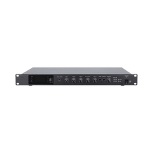 Amplificador de Audio | 1 canal | 350 W | Sistema 100V y Baja Impedancia | 4 Entradas de Micrófono Balanceadas | Bluetooth | USB | SD | FM | Montaje en Rack