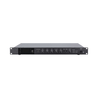 Amplificador de Audio | 1 canal | 350 W | Sistema 100V y Baja Impedancia | 4 Entradas de Micrófono Balanceadas | Bluetooth | USB | SD | FM | Montaje en Rack