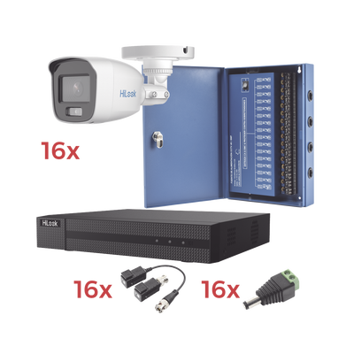 Kit TurboHD 1080p Lite / DVR 16 Canales / 16 Cámaras Bala Exterior ( 2.8mm) con ColorVu + Micrófono Integado / Transceptores / Conectores / Fuente de Poder Profesional