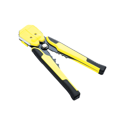 Pinza multifuncional Pelacables, con terminal de pestaña, prensado automático de color amarillo.