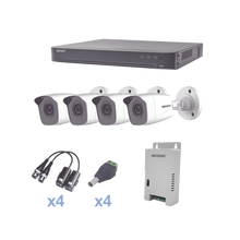 KIT TurboHD 1080p / DVR 4 Canales / 4 Cámaras Bala Metálicas (exterior 2.8 mm) / Transceptores / Conectores / Fuente de Poder Profesional