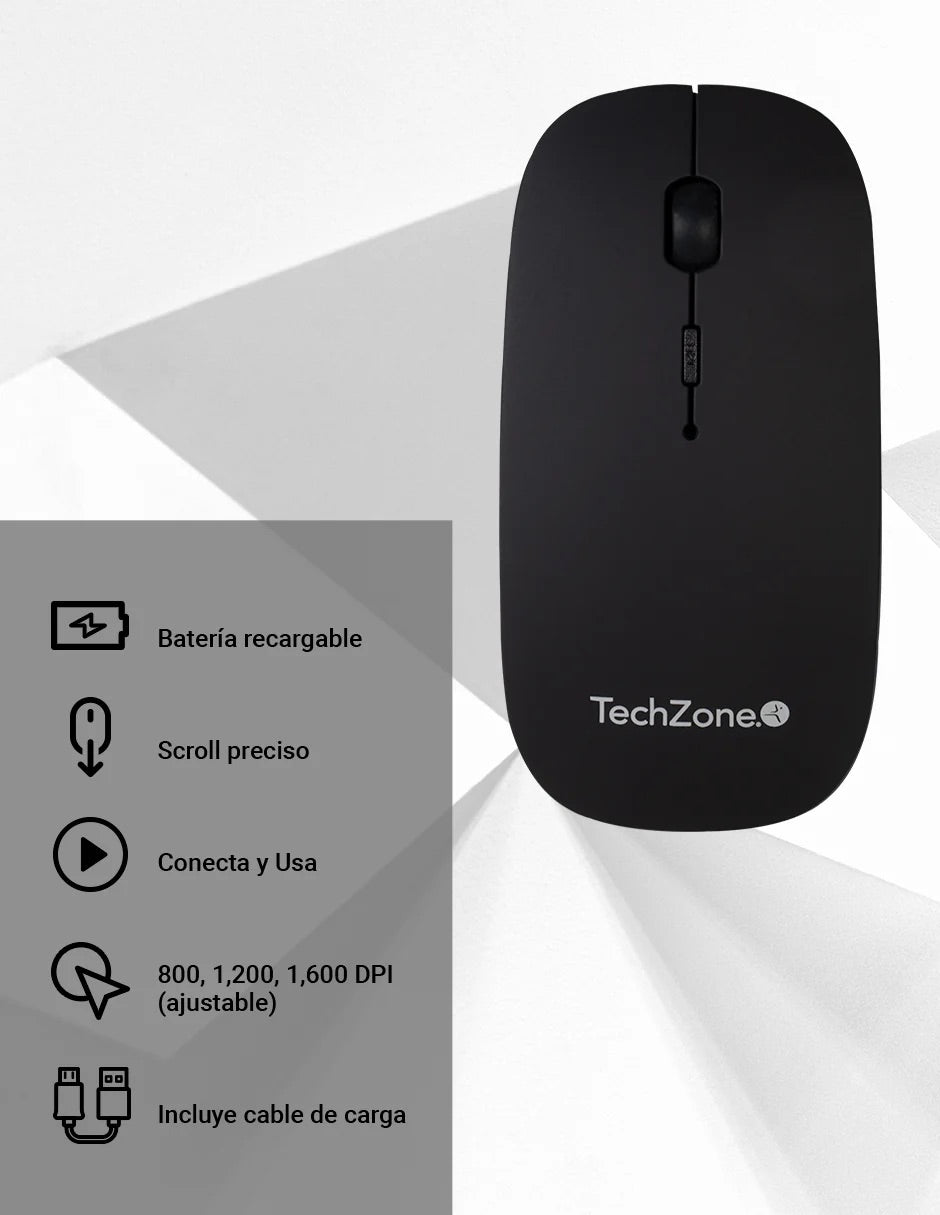 Mouse Techzone Inalambrico Recargable con mouse pad velocidad ajustabel 800  1200  1600 DPI Negro ultradelgado