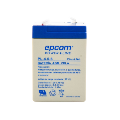 Batería 6 Vcc / 4.5 Ah / UL / Tecnología AGM-VRLA / Para uso en equipo electrónico Alarmas de intrusión / Incendio/ Control de acceso / Video Vigilancia / Terminales F1.