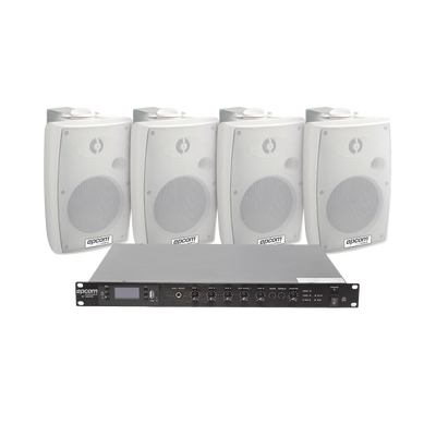 KIT de Amplificador de Audio 120W para Rack | 4 Altavoces de Pared color Blanco 2.5W - 20W | Sistema 70/100V