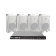 KIT de Amplificador de Audio 120W para Rack | 4 Altavoces de Pared color Blanco 2.5W - 20W | Sistema 70/100V