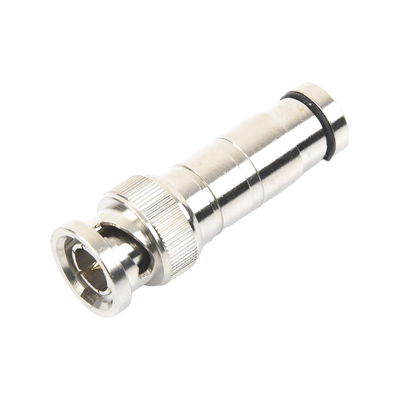 Conector BNC Macho en 75 Ohm, de Compresión Axial para Cable Coaxial RG-59/U, Níquel/ Oro/ Politetrafluoroetileno.