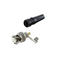 Conector BNC macho en 75 Ohm, para cable coaxial RG-59 / Con base de alivio negra de PVC, Níquel/ Oro/ PTFE.