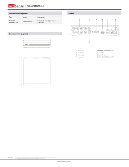 DVR Dahua DH-XVR1B08H-I 8 canales 5 mp lite wizsensese+4 ip o hasta 12 ch ip 8 canales con smd plus busqueda inteligente humanos y vehiculos 1 puerto sata