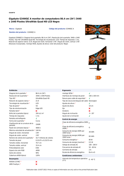 Monitor Gigabyte 34 G34WQC Curvo Gaming 3440X1440 QWHD A 144Hz 1ms 2xHDMI 2xDP