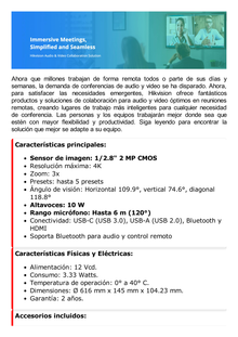 Cámara Inteligente Para Conferencias de 4K / USB / Plug and Play / Autoenfoque / Seguimiento al Hablante / Encuadre Automatico / Cable de 5 Metros USB