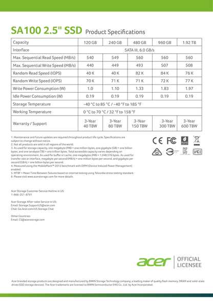 SSD 2.5 960GB Acer SA100 SATAIII BL.9BWWA.104