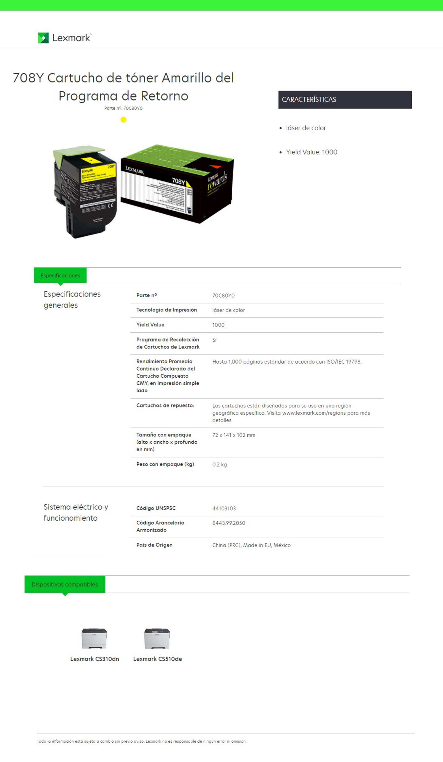 TONER LEXMARK 708Y 70C80Y0 AMARILLO CS410dn/310dn/310n/410n/410dtn/510dte (1 000 PAG)