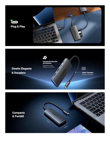 HUB USB-C 3.2 4 en 1 | 2 Puertos USB-C 3.2 (10 Gbps) | 2 Puertos USB-A 3.2 (10 Gbps) |  Admite OTG | Compatible con MacBook, Chormebook, iMac, iPad Pro, iOS, Windows, Mac OS, Android | Carcasa de Aluminio | Nylon Trenzado.