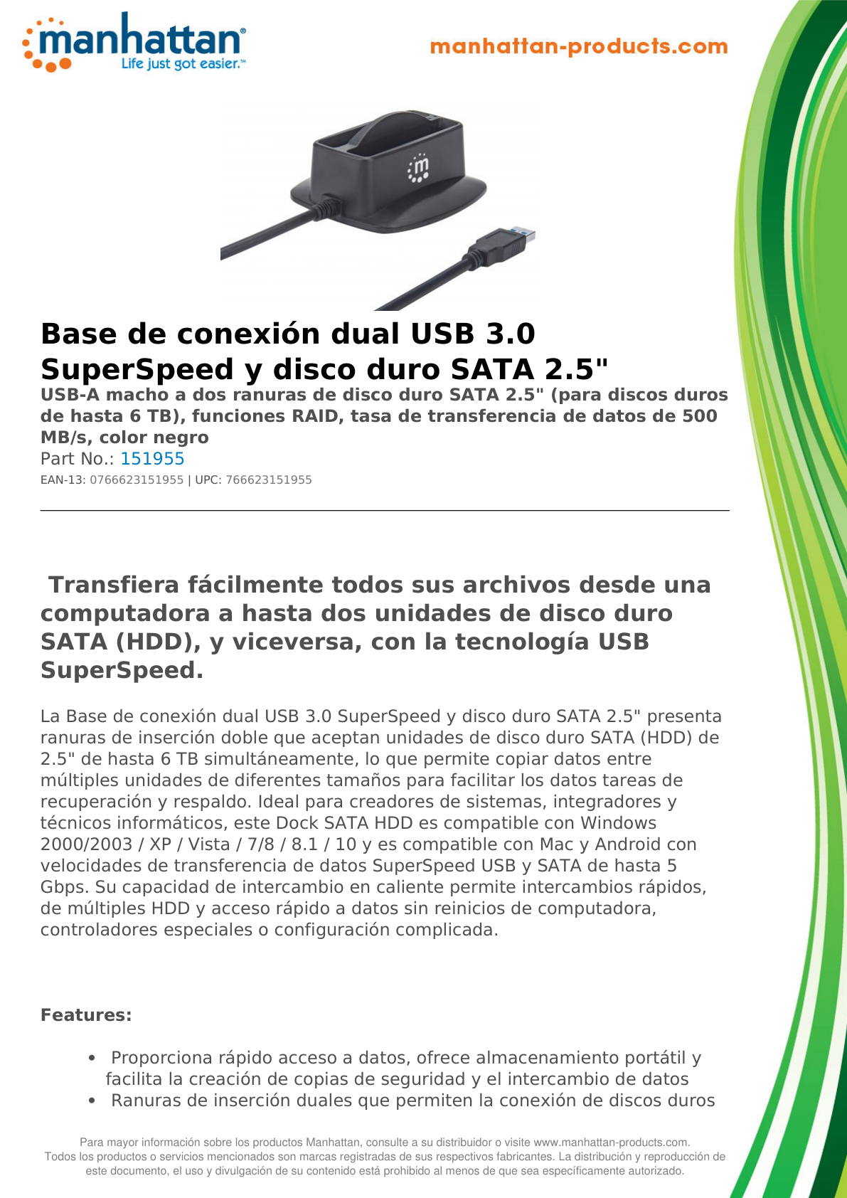 BASE DOCK DUPLICADOR MANHATTAN QUICKDOCK PARA DISCO DURO 2.5 SATA A USB 3.0