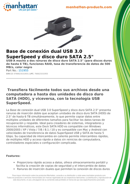 BASE DOCK DUPLICADOR MANHATTAN QUICKDOCK PARA DISCO DURO 2.5 SATA A USB 3.0