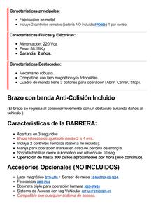 Barrera Vehicular IZQUIERDA a 220 Vca con Brazo Incluido ajustable de 2 a 4 mts / Apertura en 3 Segundos / Incluye banda protectora antigolpe de vehiculos