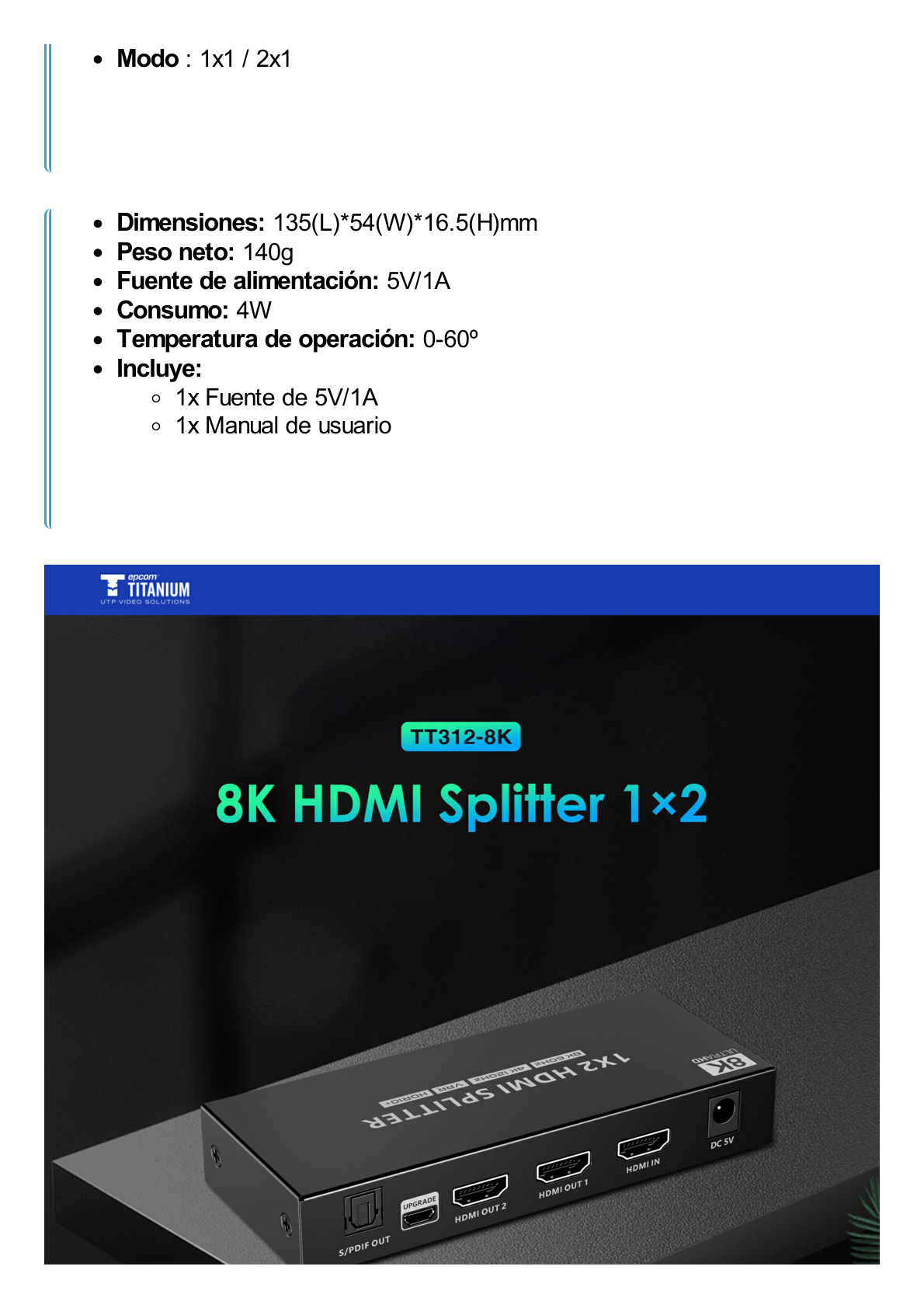 Splitter HDMI 1x2 | Velocidad de trasmisión 48 Gbps| Resolución 8k | Salida de audio| HDCP 2.3