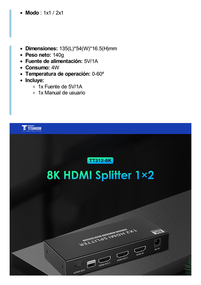 Splitter HDMI 1x2 | Velocidad de trasmisión 48 Gbps| Resolución 8k | Salida de audio| HDCP 2.3