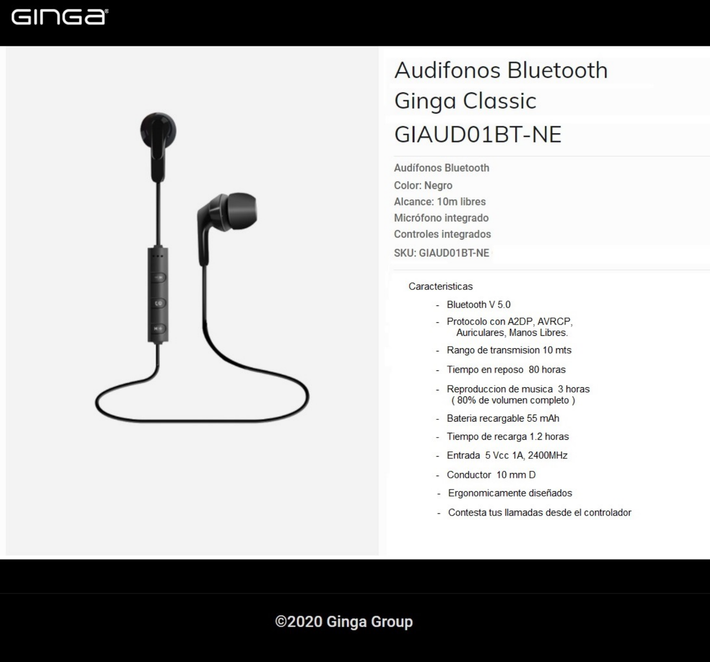 AUDIFONO IN-EAR BLUETOOTH GINGA NEGRO