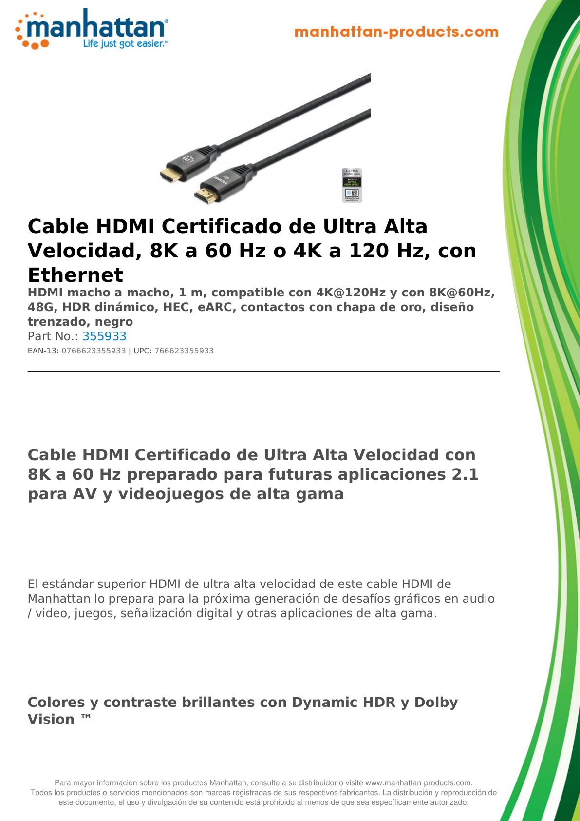 CABLE MANHATTAN HDMI 2.1 TEXTIL M-M 1M 8K 60HZ