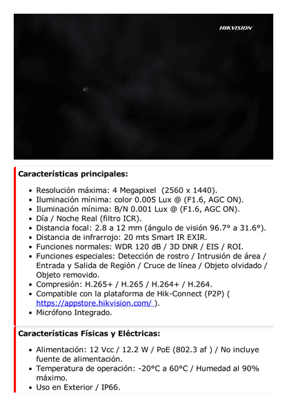 Mini Domo PTZ IP 4 Megapixel / 4X Zoom / H.265+ / 20 mts IR EXIR / WDR / PoE / IK10 /Exterior IP66 / DarkFighter / Micrófono Integrado / MicroSD