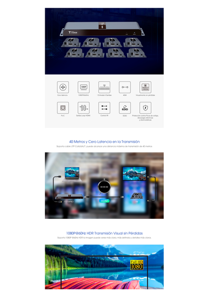 Kit Divisor y Extensor HDMI (Extender Splitter)  / Divide 1 Fuente HDMI a 8 Pantallas / Extiende la señal HDMI hasta 40 m / Resolución 1080P @ 60 Hz / Cat 6/6a/7 / Uso 24/7 / Salida Loop en el Tx / IR / Alimente solo el Tx (PoC).