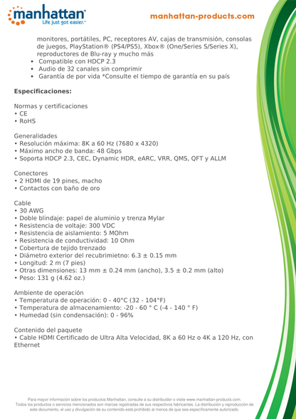 CABLE MANHATTAN HDMI 2.1 TEXTIL M-M 2M 8K 60HZ