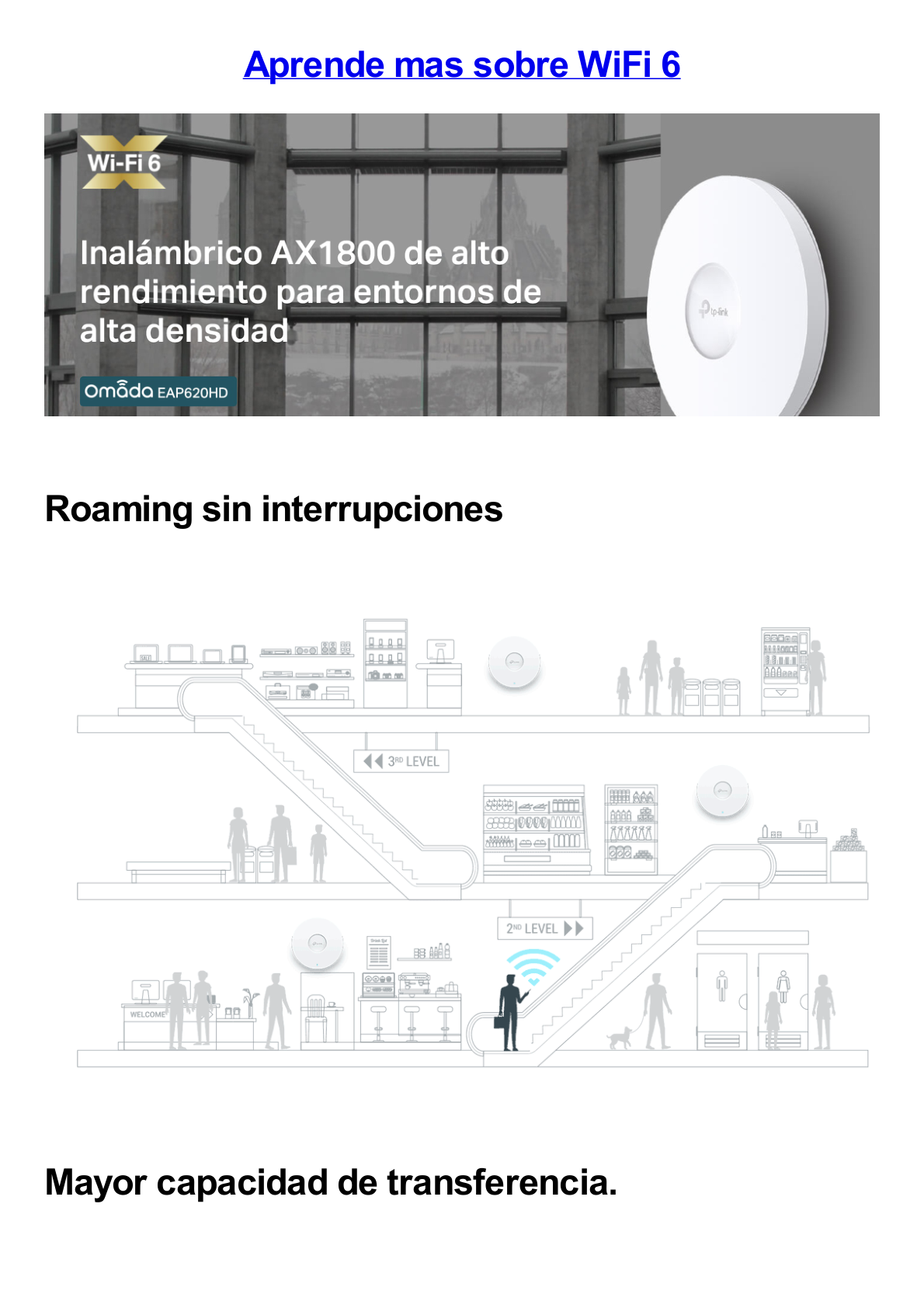 Punto de Acceso Omada / Wi-Fi 6 AX1800 MU-MIMO 2X2 / Omada Mesh / Alta Densidad de Usuarios / Configuración por Controlador o Stand-Alone / Para Montaje en Techo-pared / Alimentación PoE+