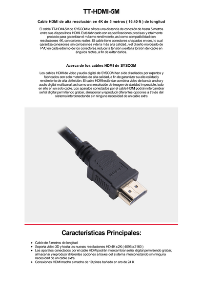 Cable HDMI de 5 Metros (High Speed) / Resolución 4K / Soporta Canal de Retorno de Audio (ARC)/ Soporta 3D / Blindado para Reducir Interferencia / Chapado en Oro / Alta Resistencia y Durabilidad.