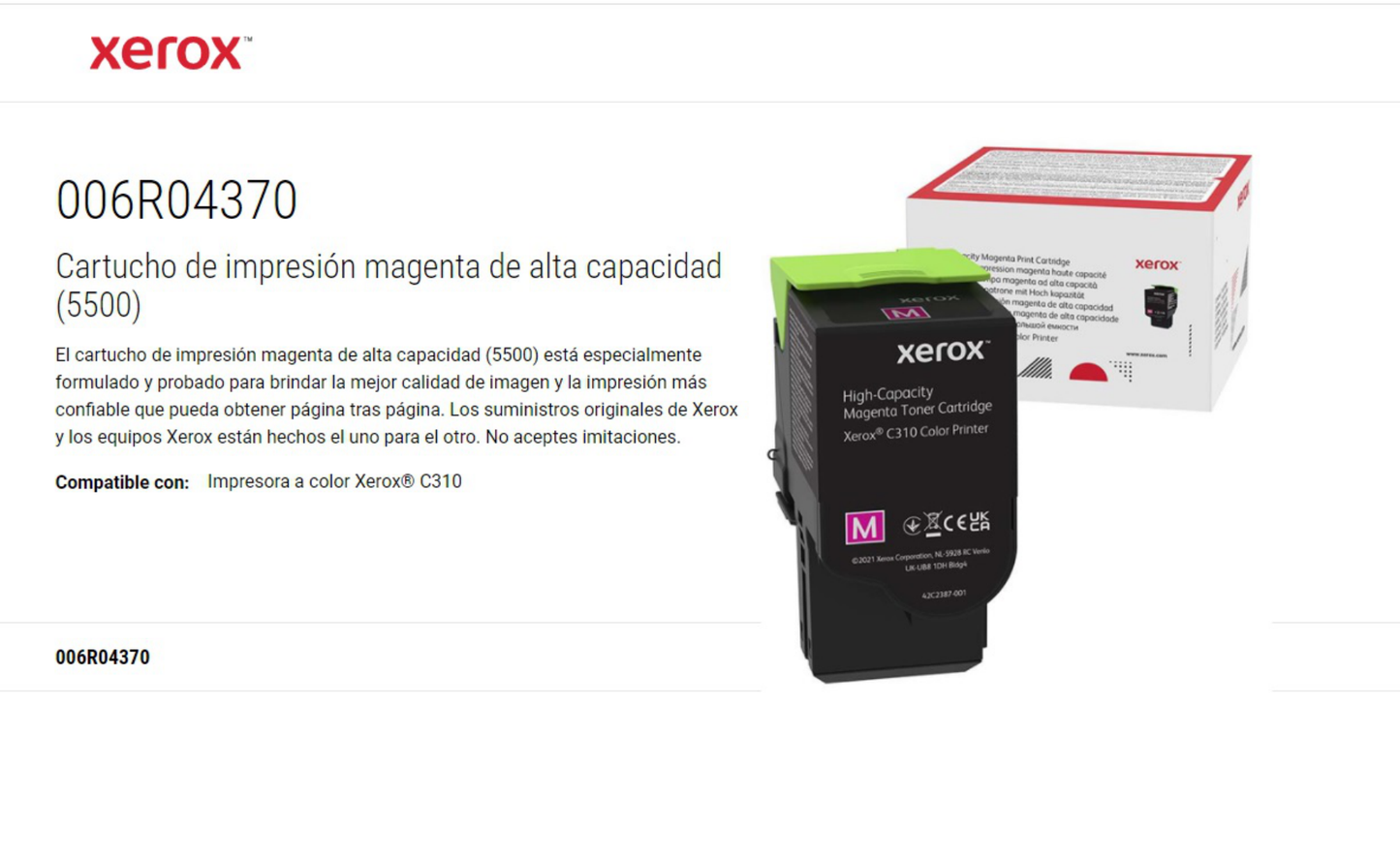 TONER XEROX 006R04370 MAGENTA C310/C315  ALTA CAPACIDAD (5 500 PAG)