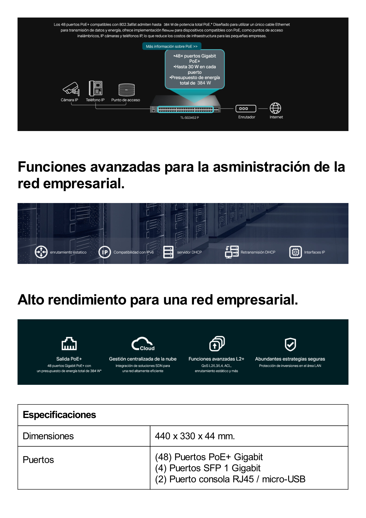 Switch L2+ Omada PoE+ / 48 Puertos PoE+ 10/100/1000 Mbps / 4 Puertos SFP 1G / 2 Puertos Consola (RJ45 y microUSB) / Administración Centralizada Omada o Stand-Alone / Multicast IGMP / Calidad de Servicio / Presupuesto PoE 384W / Montaje en Rack