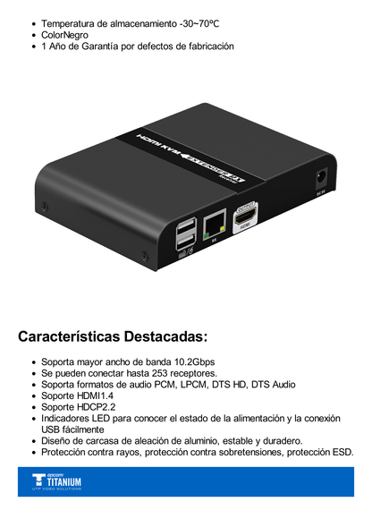 Receptor Compatible para Kits TT671KVM / Resolución 4K@30Hz / Cat 6/6A/7 / Distancia de 100 m / IPCOLOR /  Cero Latencia / Control IR / Compatible con Switch Gigabit para control KVM múltiple.