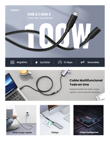 Cable USB-C Macho a USB-C Hembra | 1metro | USB-C 3.1 Gen 2 | Compatible con Thunderbolt 3 | TPE |  Transferencia de Datos 10 Gbps | Soporta hasta 100W para Carga Rápida |  Reversible.