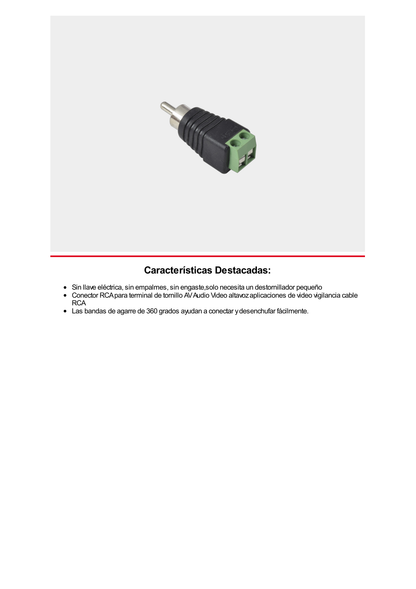 Adaptador RCA MACHO Tipo Jack Polarizado / Terminales Tipo Tornillo / Polarizado (+/-) / Recomendado para Video y AUDIO en sistemas de video vigilancia a 2 Hilos.