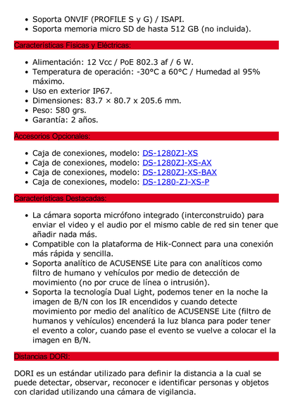 [Dual Light] Bala IP 4 Megapíxel / Lente 4 mm / 50 Mts IR + 50 mts Luz Blanca / ACUSENSE Lite (Detección de Humanos y Vehiculos) / Exterior IP67 / WDR 120 dB / PoE / ONVIF