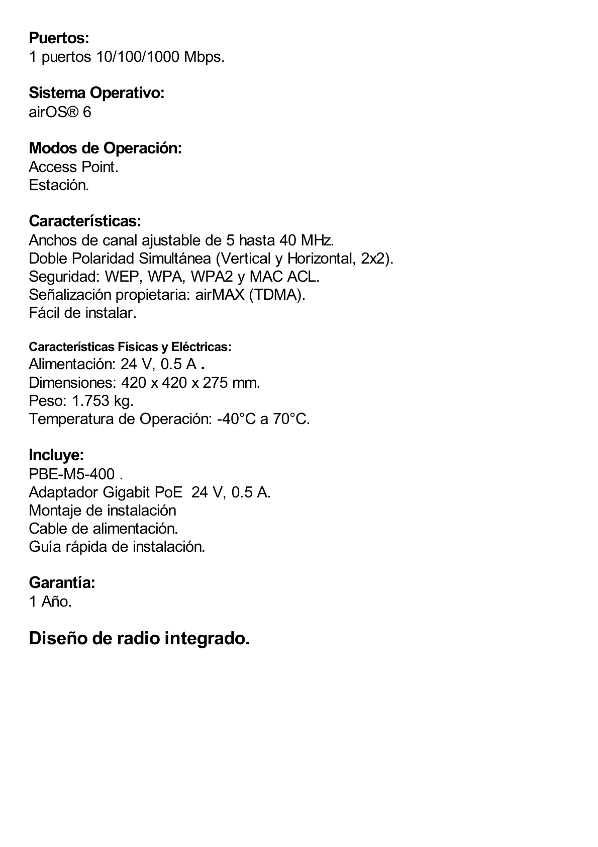 PowerBeam airMAX M5, larga distancia, frecuencia 5 GHz (5170-5875 MHz) con antena tipo plato de 25 dBi