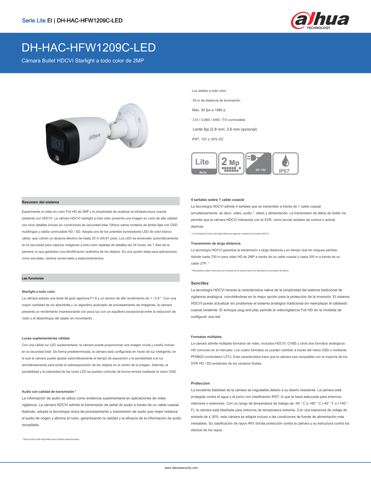 Camara dahua DH-HAC-HFW1209CN-A-LED bullet full color 1080 p lente 2.8mm IR 20 m metalica exterior e interior 106 gds de apertura con microfono