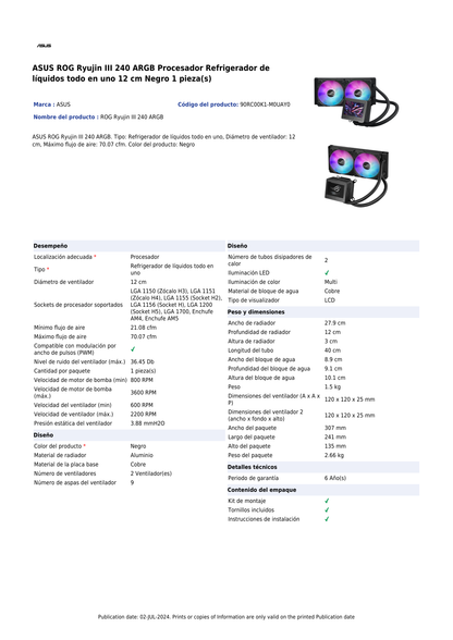 Enfiamiento Liquido Asus ROG  RYUJIN  III 240 ARGB pantalla LCD 2xFan 120mm negro