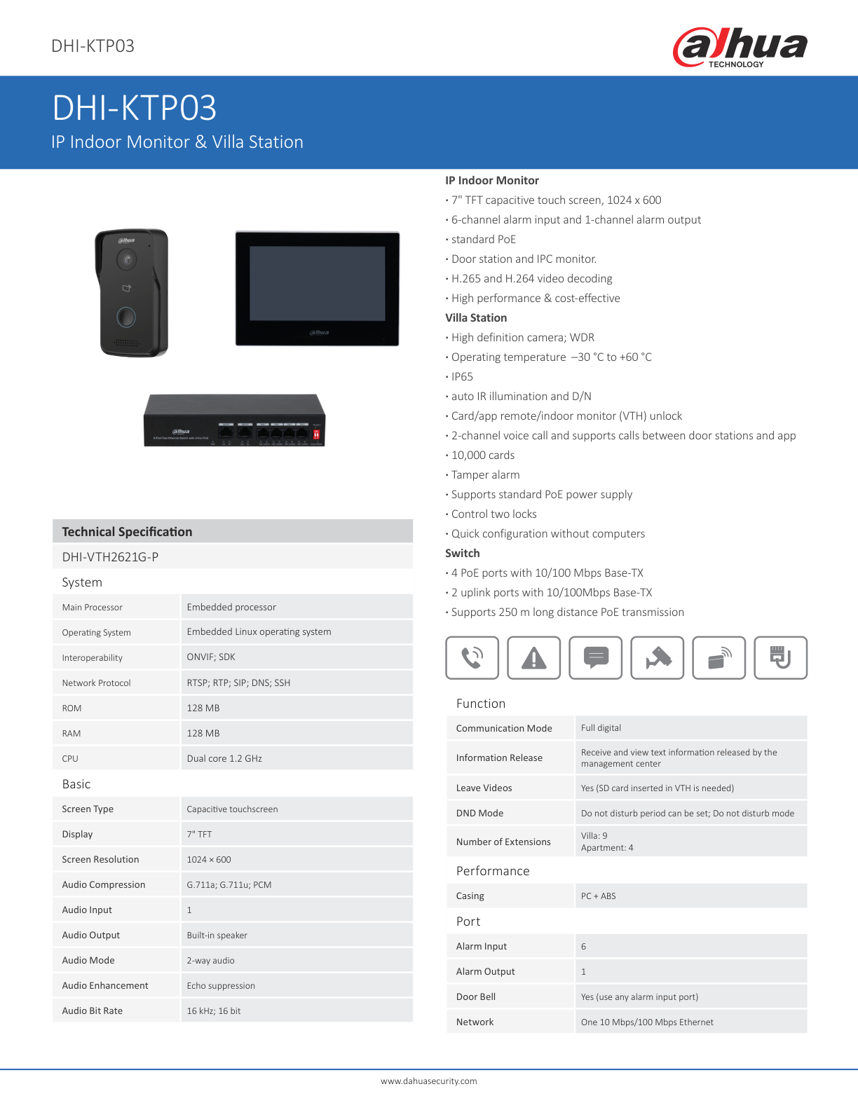 Kit Dahua DHI-KTP03ip videoportero monitor 7 pul switch 4 puertos PoE frente de calle ip65