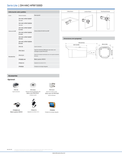 Camara dahua DH-HAC-HFW1500DN-0360B bullet 5 mpx lente 3.6 mm IR 80 m metalica  92 gds de apertura IP67