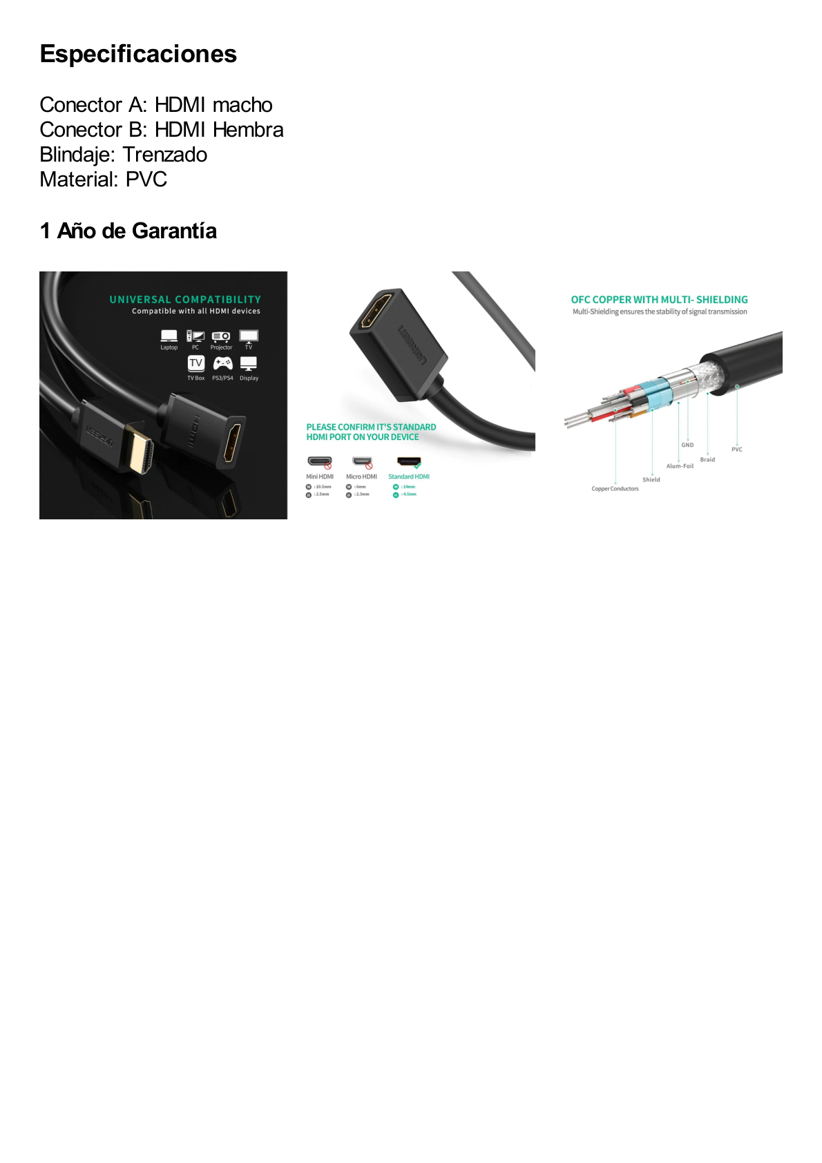 Cable extensor HDMI de 1 M / 4K@60Hz / 3D / HDR /  Macho a Hembra / Núcleo de cobre estañado / Transmisión estable.