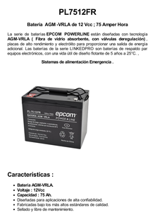 Batería 12 Vcc / 75 Ah /  UL / Tecnología AGM-VRLA / Retardante a la flama/ Uso en: Aplicaciones fotovoltaicas / Terminales tipo M6  / Cargador recomendado CHR-250.