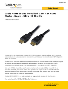 CABLE STARTECH HDMI DE 1.5M DE ALTA VELOCIDAD  - 2x HDMI MACHO - NEGRO - ULTRA HD